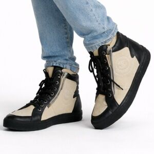 CHANEL Black & Cream High-Top Sneakers Size 38.5 Leather Suede Side Zip US 8